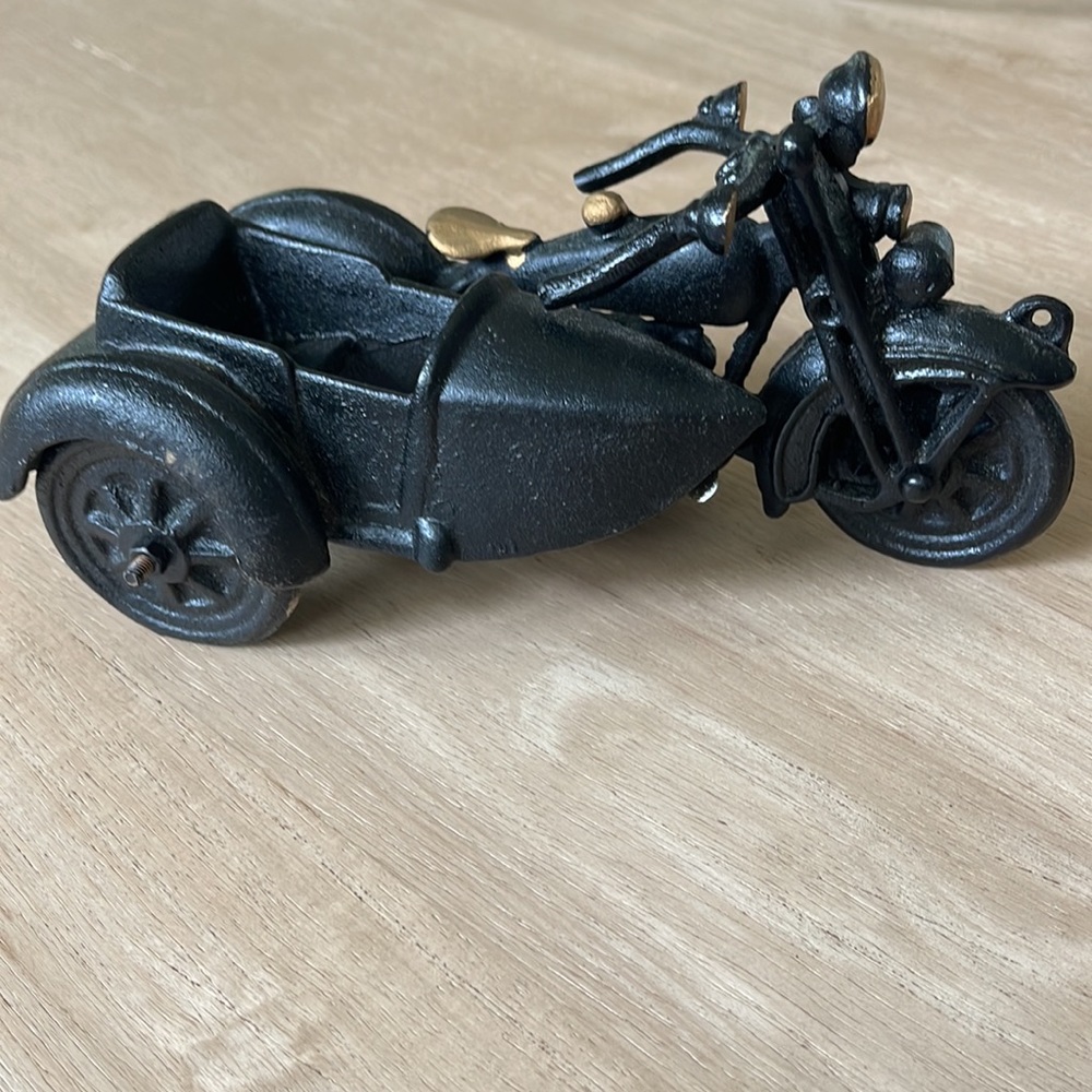 Vintage Toy Motorcycle, cast iron, with side car. Black with gold details.
